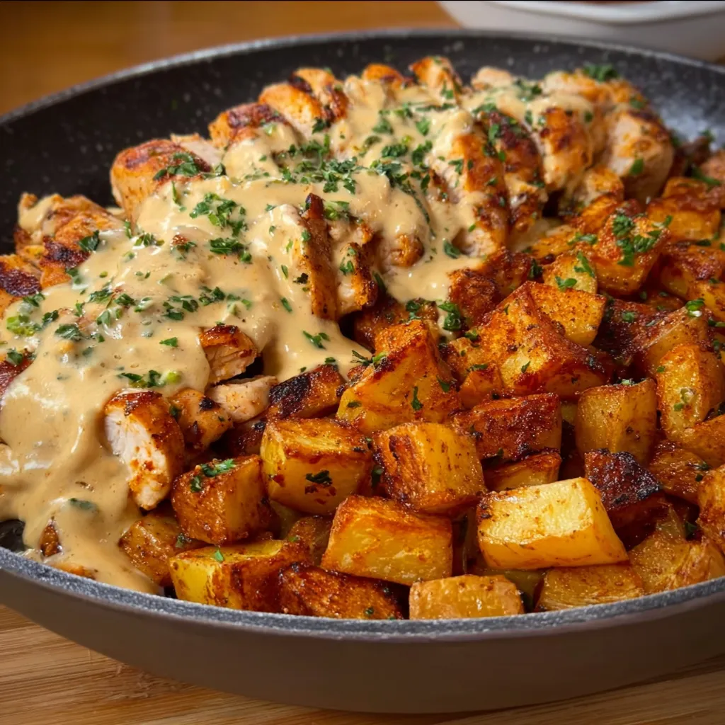 CREAMY GARLIC CHICKEN AND CRISPY POTATOES BEST