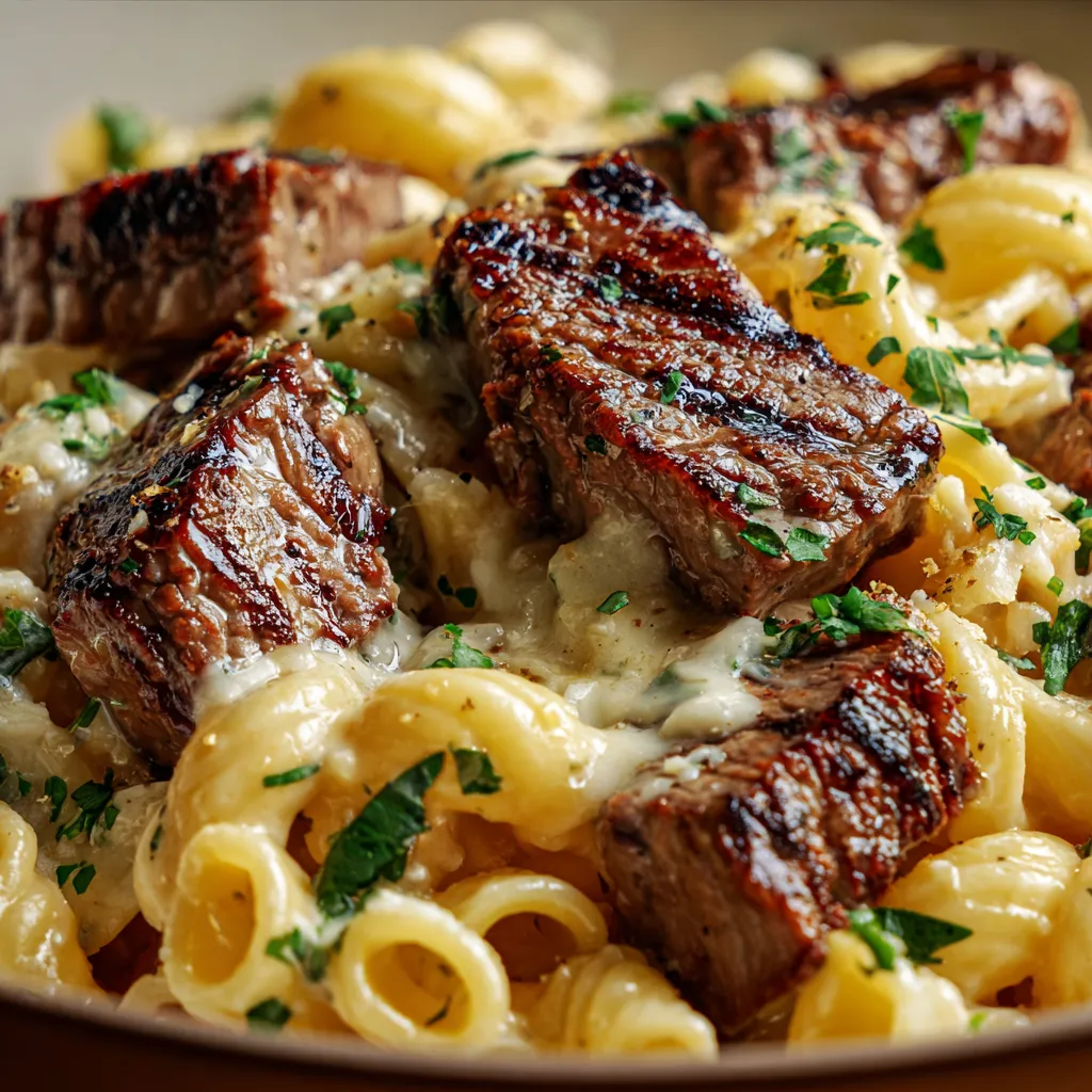 CREAMY GARLIC PARMESAN STEAK PASTA ULTIMATE 1 Creamy Garlic Parmesan Steak Pasta featured image shows a close-up of the rich and decadent dish, highlighting the creamy sauce and tender steak.