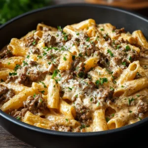 CREAMY HIGH PROTEIN BEEF PASTA EASY 2 Creamy High Protein Beef Pasta served in a bowl showcases a delicious and protein-packed meal.