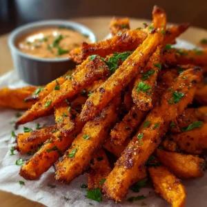 CRISPY OVEN BAKED SWEET POTATO FRIES ULTIMATE 2 Crispy Oven Baked Sweet Potato Fries are piled high on a plate, showcasing their golden-brown perfection.