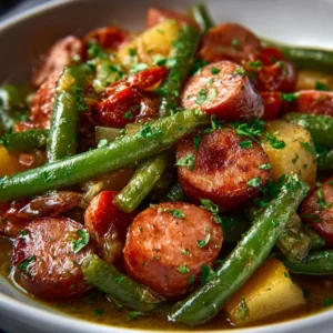 CROCKPOT KIELBASA AND GREEN BEANS EASY 2 Close-up of a delicious serving of Crockpot Kielbasa and Green Beans, showcasing the tender kielbasa and vibrant green beans.
