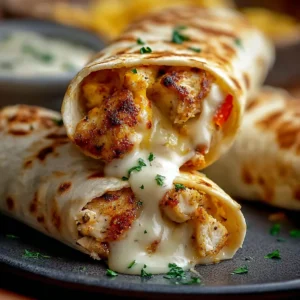 EASY CHEESY GARLIC CHICKEN WRAPS 2 Close-up of delicious Cheesy Garlic Chicken Wraps, showcasing the melted cheese and savory filling.