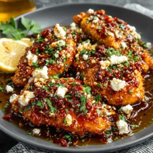 EASY FETA CHICKEN WITH HOT HONEY 2 Delicious Feta Chicken With Hot Honey is drizzled with hot honey and topped with crumbled feta cheese, ready to be enjoyed as a flavorful meal.