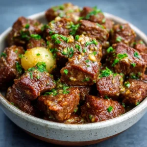 EASY GARLIC BUTTER BEEF BITES 2 Garlic Butter Beef Bites, a delicious and easy appetizer, are shown as the featured image.
