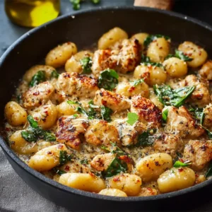 EASY GARLIC CHICKEN GNOCCHI SKILLET 2 Close-up of a delicious Garlic Chicken Gnocchi Skillet, showcasing creamy sauce, golden-brown chicken, and soft gnocchi.