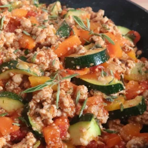 EASY ITALIAN GROUND TURKEY SKILLET 2 A close-up shows a delicious Italian Ground Turkey Skillet, showcasing its vibrant colors and hearty ingredients.