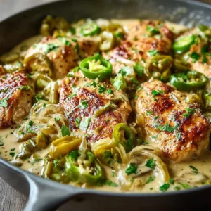 EASY PEPPERONCINI CHICKEN SKILLET 2 A close-up shot showcases a delicious Pepperoncini Chicken Skillet, ready to be served.