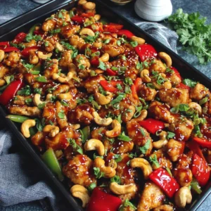EASY SHEET PAN CASHEW CHICKEN 2 Sheet Pan Cashew Chicken, a delicious and easy weeknight meal, is pictured as the featured image.