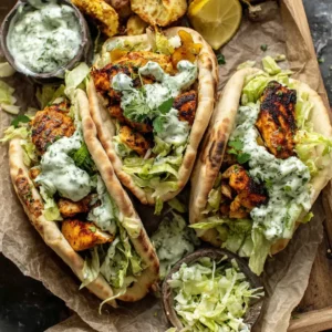 EASY SHEET PAN CHICKEN PITAS 2 Close-up of appetizing Sheet Pan Chicken Pitas, showcasing the golden-brown chicken and fresh toppings.