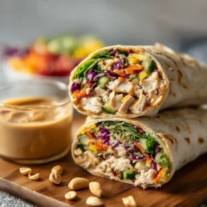 EASY THAI PEANUT CHICKEN WRAPS 2 Close-up of delicious Thai Peanut Chicken Wraps, perfect for a quick and flavorful meal.