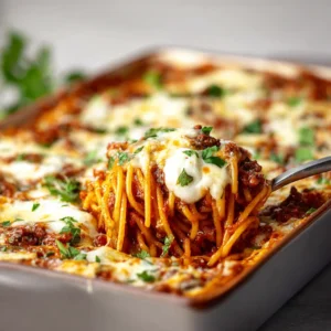 HIGH PROTEIN SPAGHETTI CASSEROLE AMAZING 2 A delicious High Protein Spaghetti Casserole, baked until golden brown and bubbly, is displayed as the featured image.