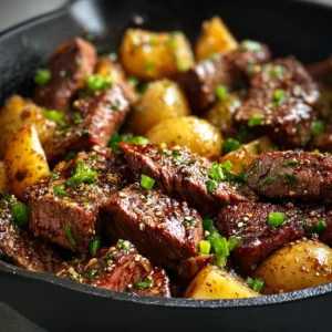 HONEY GARLIC STEAK AND POTATO SKILLET EASY 2 Honey Garlic Steak And Potato Skillet served in a cast iron skillet, showcasing tender steak and golden potatoes.