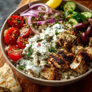 IRRESISTIBLE GREEK CHICKEN GYRO BOWLS 2 Greek Chicken Gyro Bowls are displayed as a delicious and customizable meal option in the featured image.