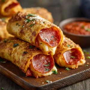 PEPPERONI PIZZA ROLLS AMAZING 2 A close-up shot showcases the delicious Pepperoni Pizza Rolls, ready to be enjoyed as a snack or appetizer.