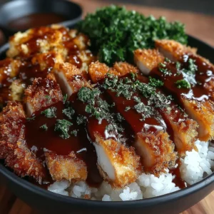PERFECT JAPANESE KATSU BOWLS 2 A close-up shot showcases delicious Japanese Katsu Bowls, highlighting the crispy breaded cutlet and flavorful toppings.