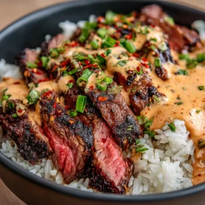 PERFECT KOREAN BBQ STEAK BOWLS 2 Delicious Korean BBQ Steak Bowls are featured in this recipe image.