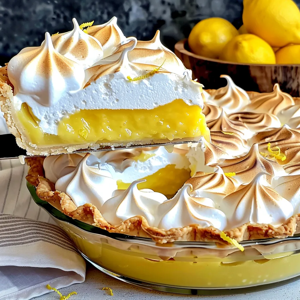 PERFECT LEMON MERINGUE PIE 1 A close-up shot showcases a delicious Lemon Meringue Pie with its golden crust and perfectly browned meringue peaks.