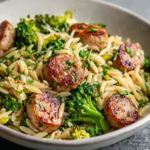 QUICK CHICKEN SAUSAGE ORZO 2 Chicken Sausage Orzo is displayed as the featured image for a recipe article.