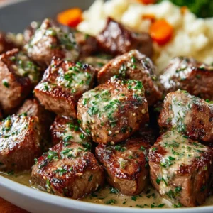 ULTIMATE GARLIC BUTTER STEAK BITES 2 Close-up shot of juicy Garlic Butter Steak Bites glistening with melted butter and herbs, showcasing a delicious appetizer recipe.