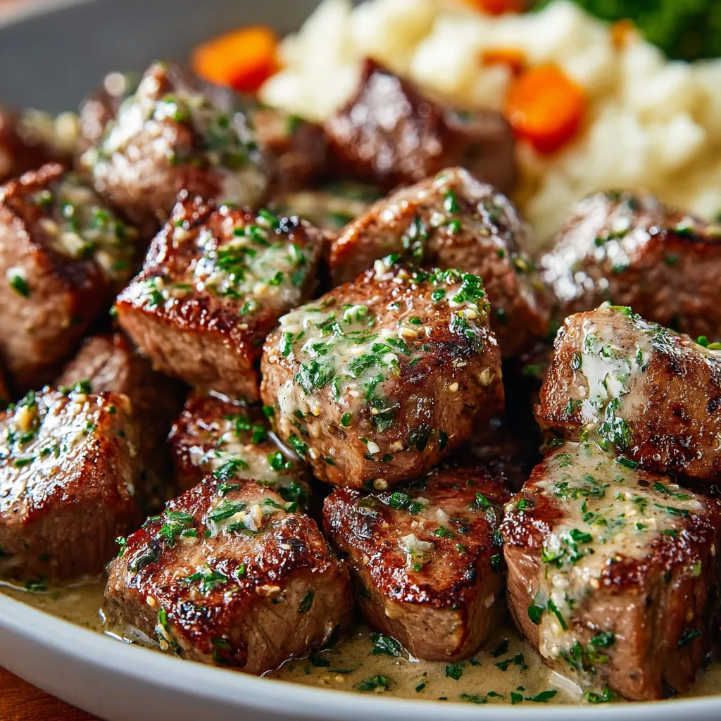 ULTIMATE GARLIC BUTTER STEAK BITES 1 Close-up shot of juicy Garlic Butter Steak Bites glistening with melted butter and herbs, showcasing a delicious appetizer recipe.