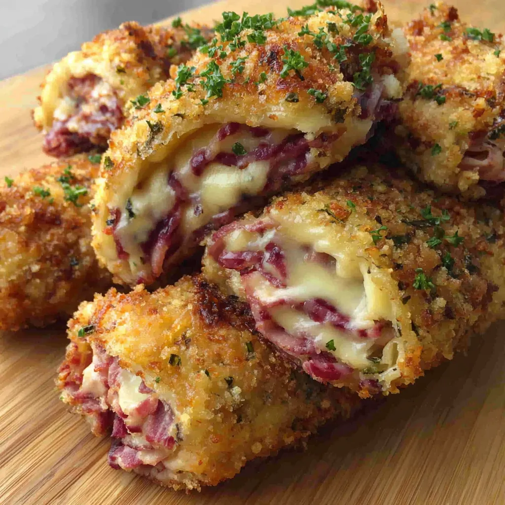 Close-up of Keto Reuben Roll-Ups showcasing the melted cheese and savory filling.