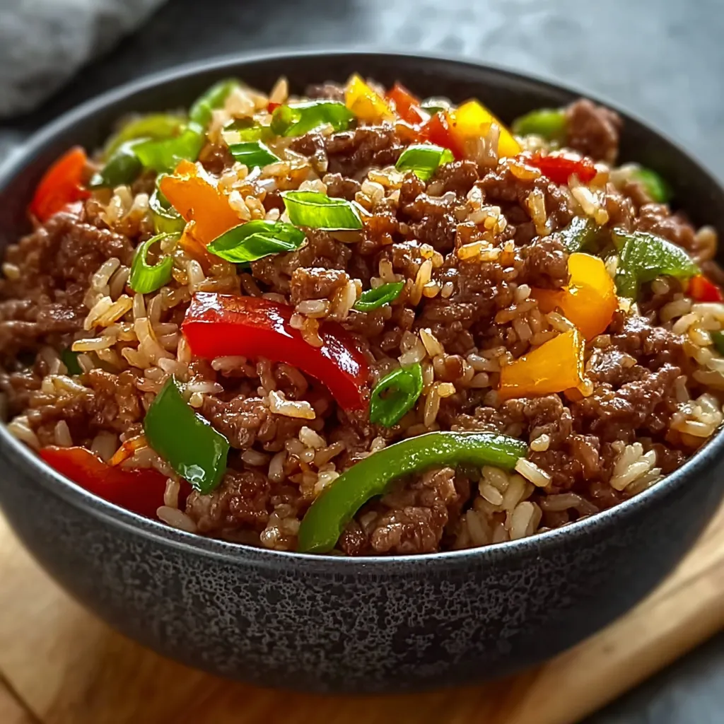 Close-up showing the delicious layers of a homemade Beef and Pepper Rice Bowl.