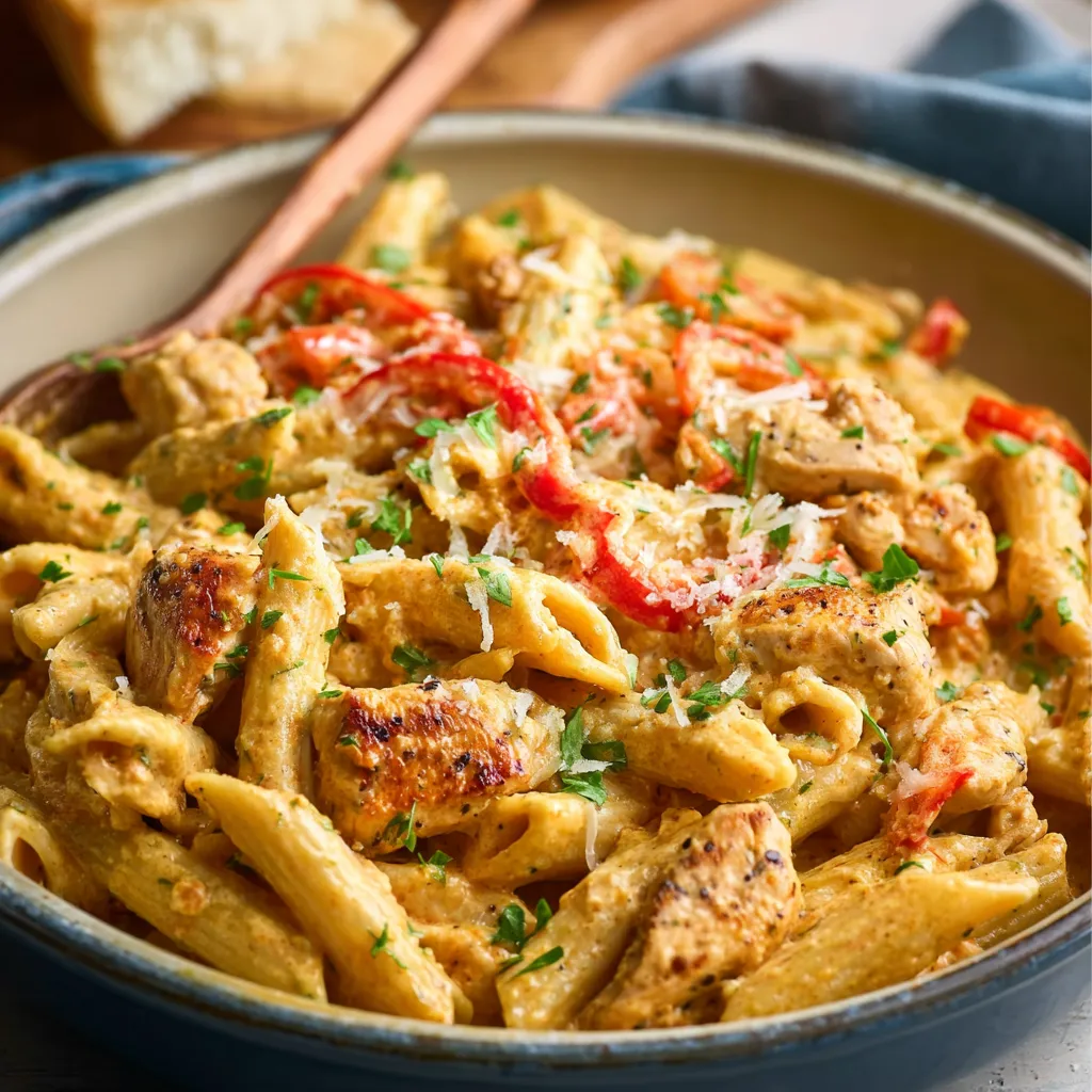 Close-up view of creamy Cajun Chicken Pasta featuring seasoned chicken and vibrant vegetables.
