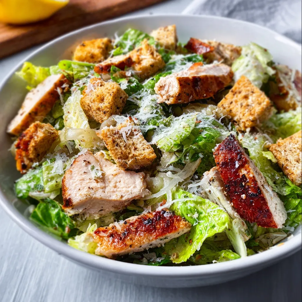 Close-up of a delicious Chicken Caesar Salad Bowl with grilled chicken, romaine lettuce, croutons, and creamy Caesar dressing.