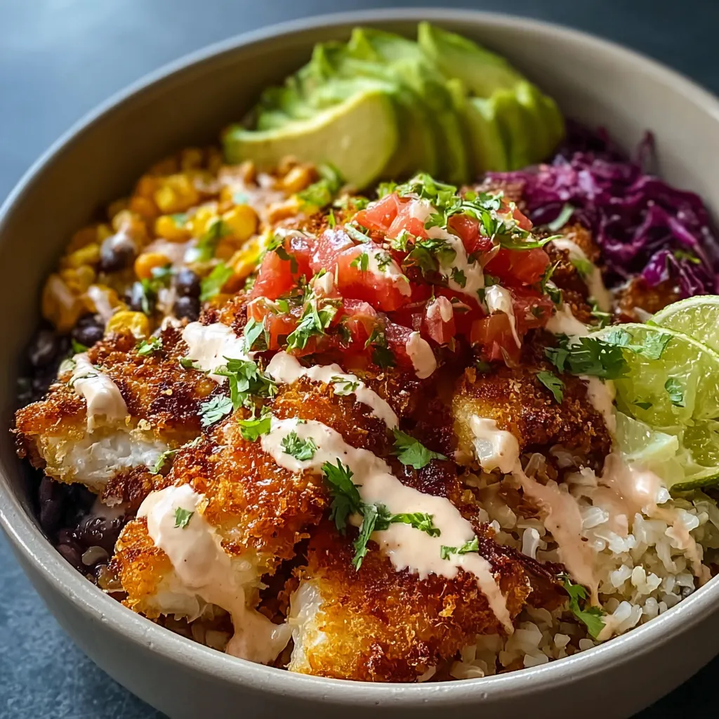 Close-up showcasing the delicious layers of a Fish Taco Bowls recipe.