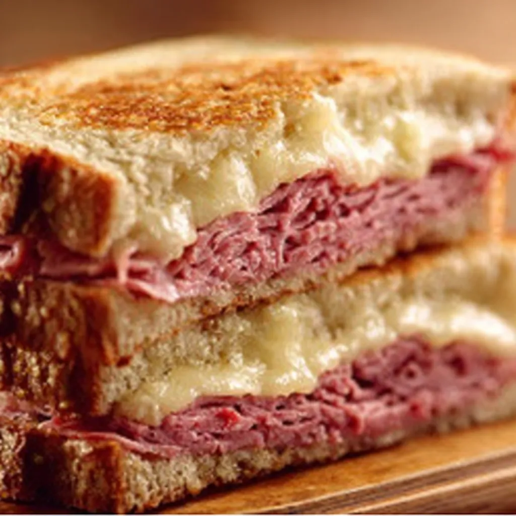 Close-up of a delicious Grilled Reuben Sandwich, showcasing its melted cheese and toasted rye bread.