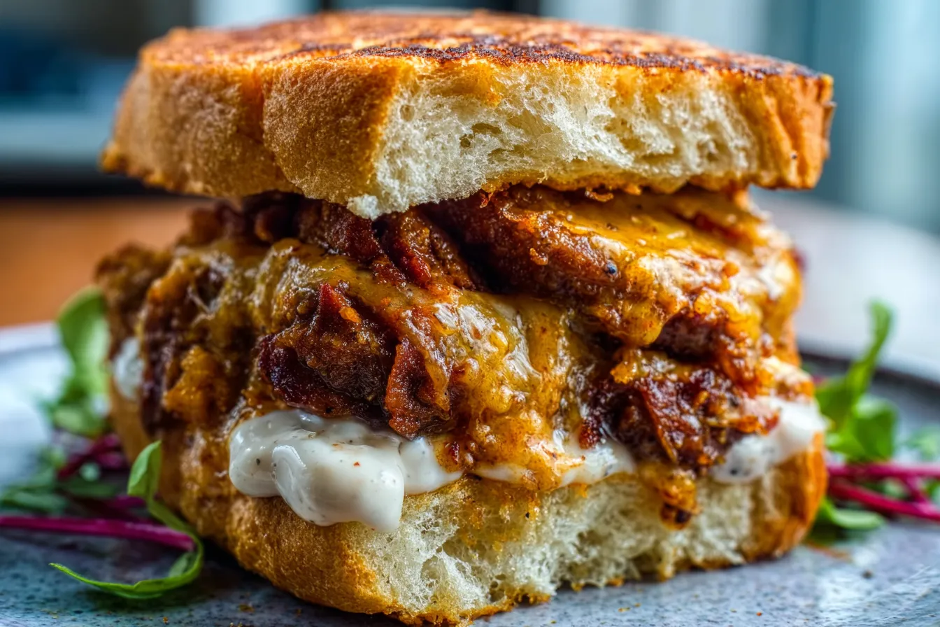 Close-up view of a delicious Hot Chicken Sandwich, highlighting the crispy fried chicken and spicy sauce.