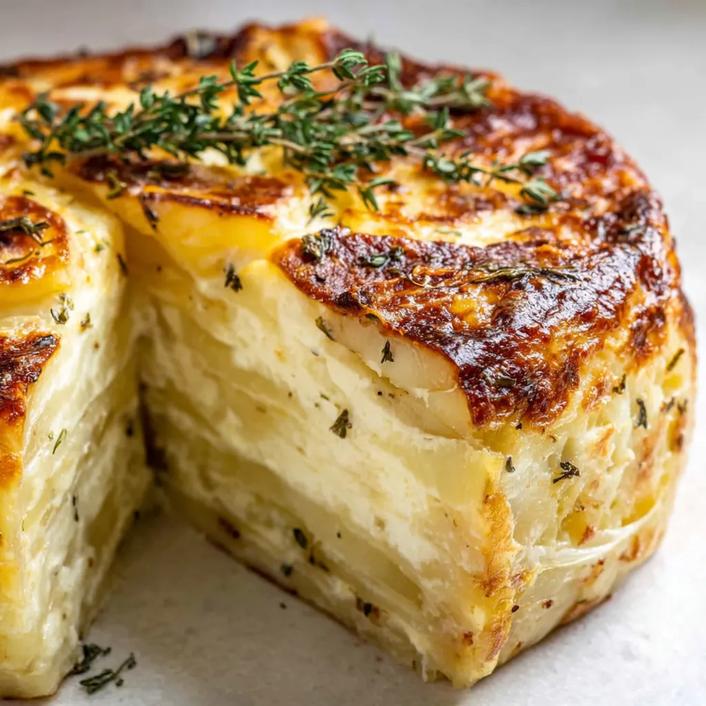 Close-up of a sliced Potato Terrine showcasing its layered construction and creamy texture, complementing the recipe article.