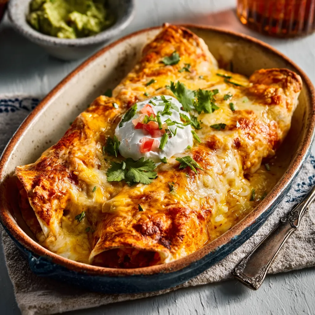 Delicious Chicken Enchiladas smothered in cheese and sauce, ready to be served.