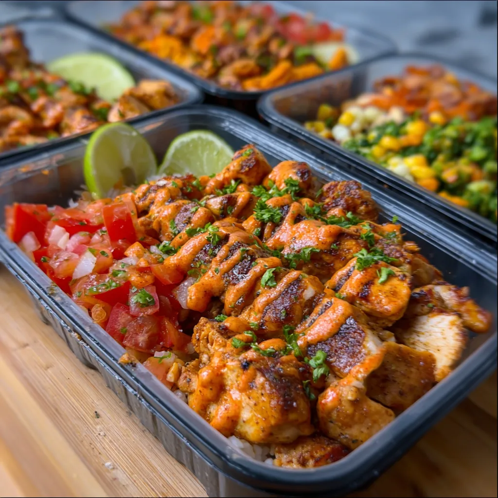 Close-up view of a prepared Chicken Meal Prep container, showcasing grilled chicken, roasted vegetables, and quinoa for a healthy and convenient meal.