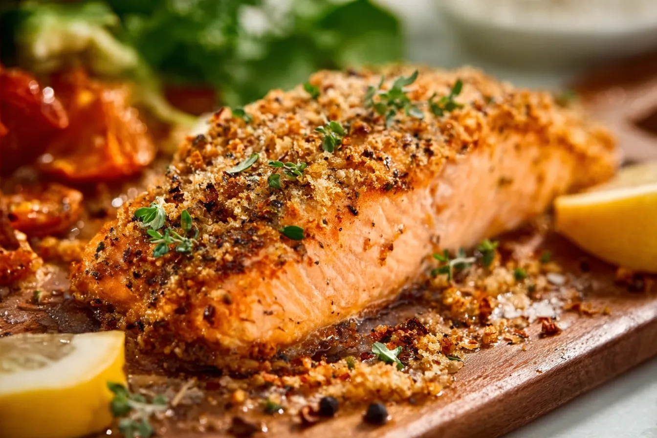 Close-up view of freshly Baked Dijon Salmon, showcasing its flaky texture and golden-brown crust.