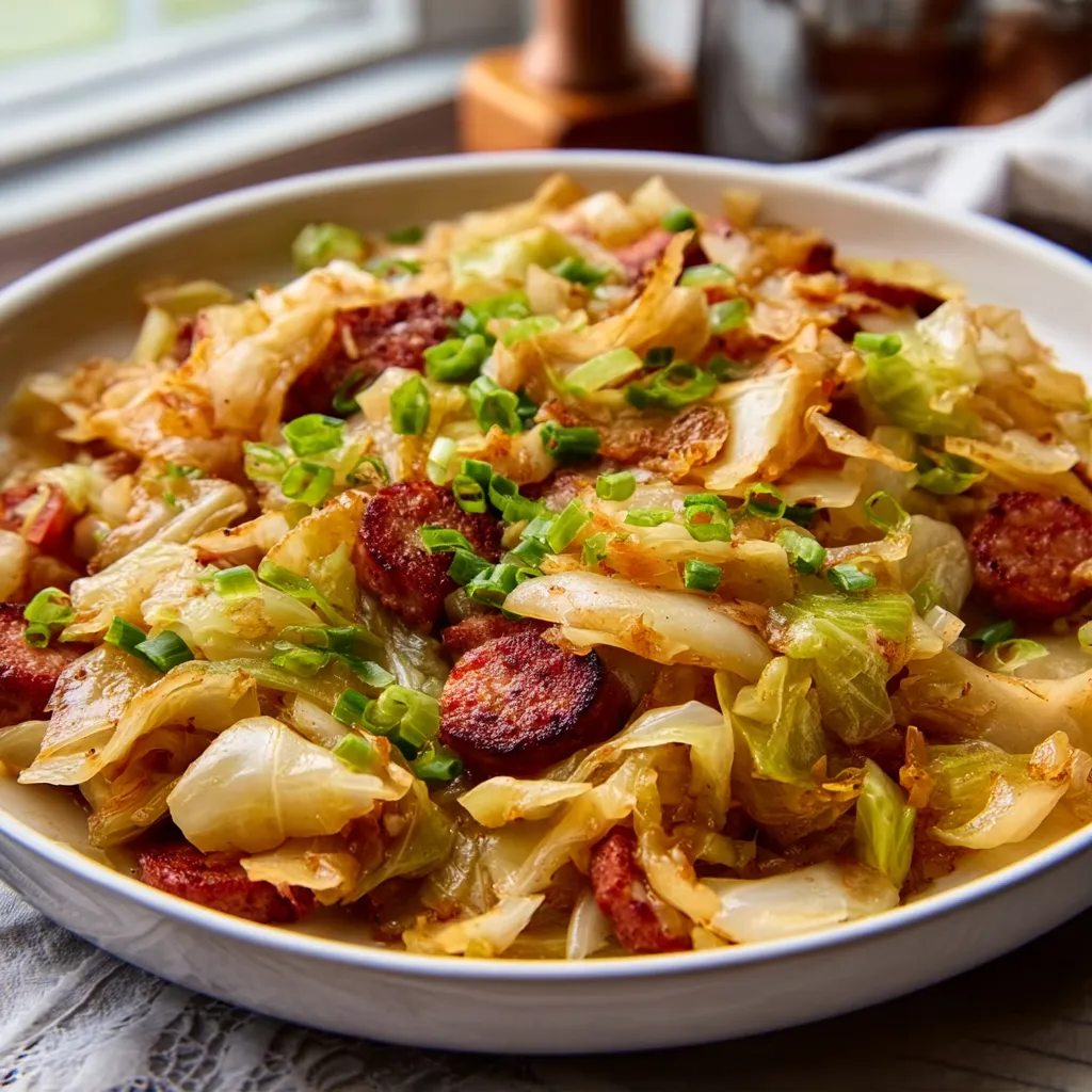 Close-up of a flavorful Cabbage Skillet dish, ready to be served.