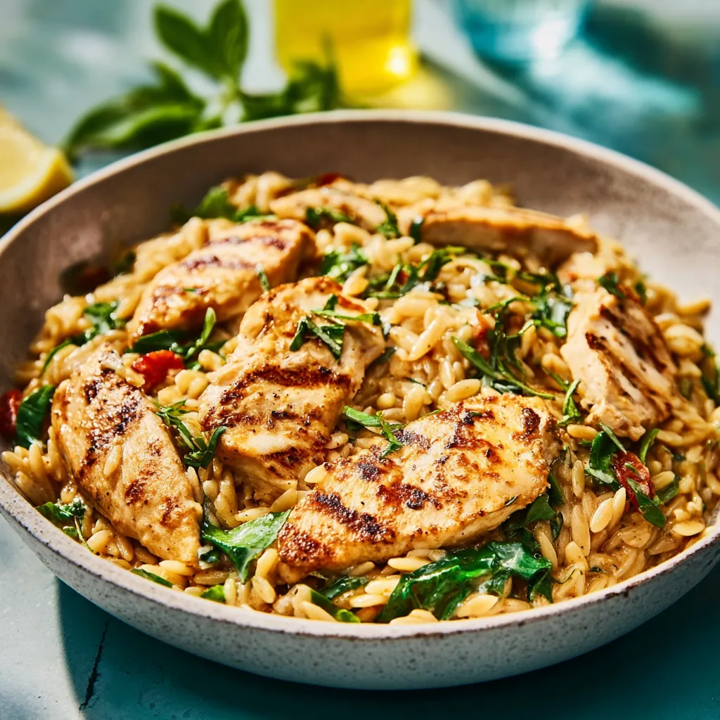 Close-up shot showcases a delicious serving of Chicken Orzo, highlighting the creamy sauce and tender chicken pieces.