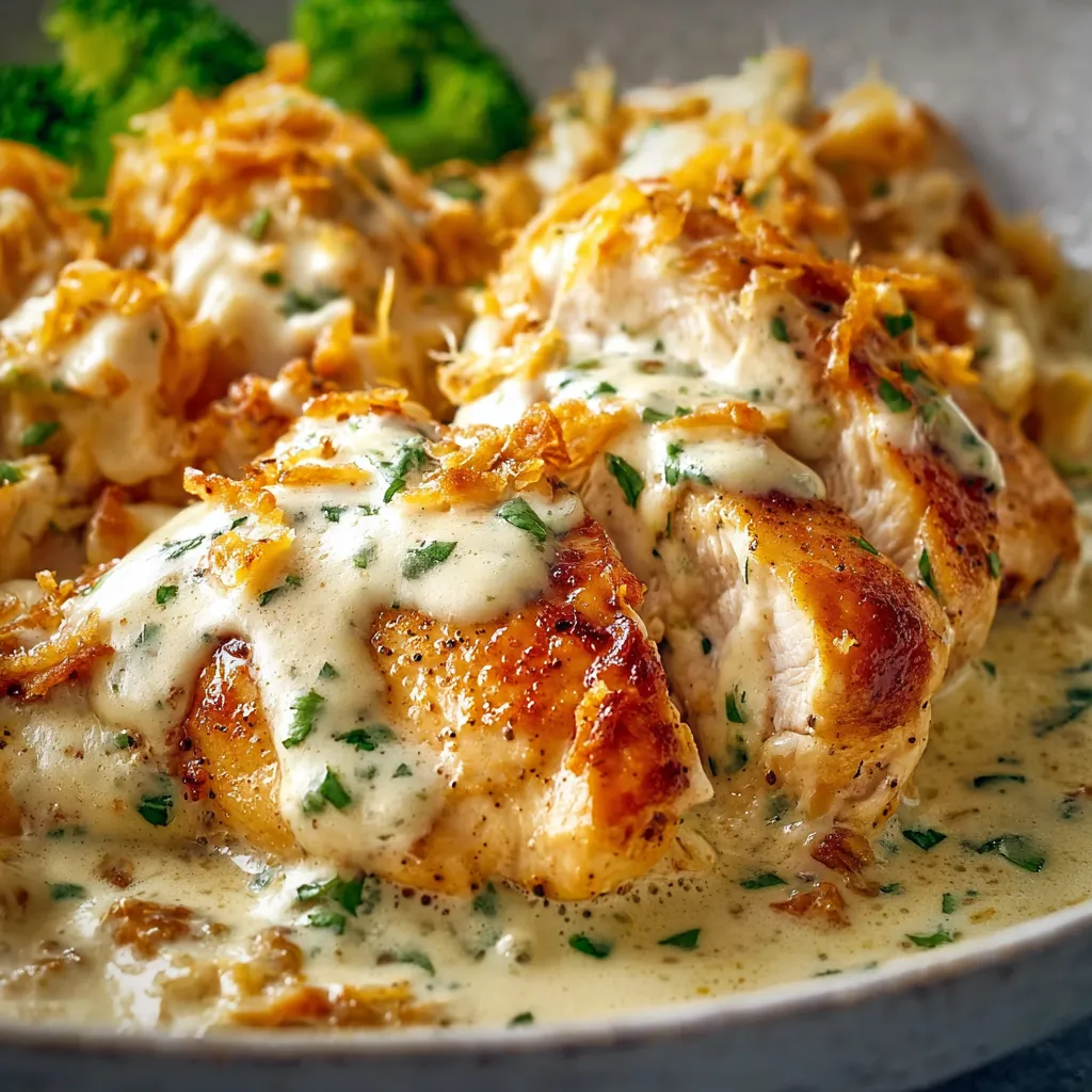 Close-up of creamy Crock Pot Ranch Chicken served in a white bowl.