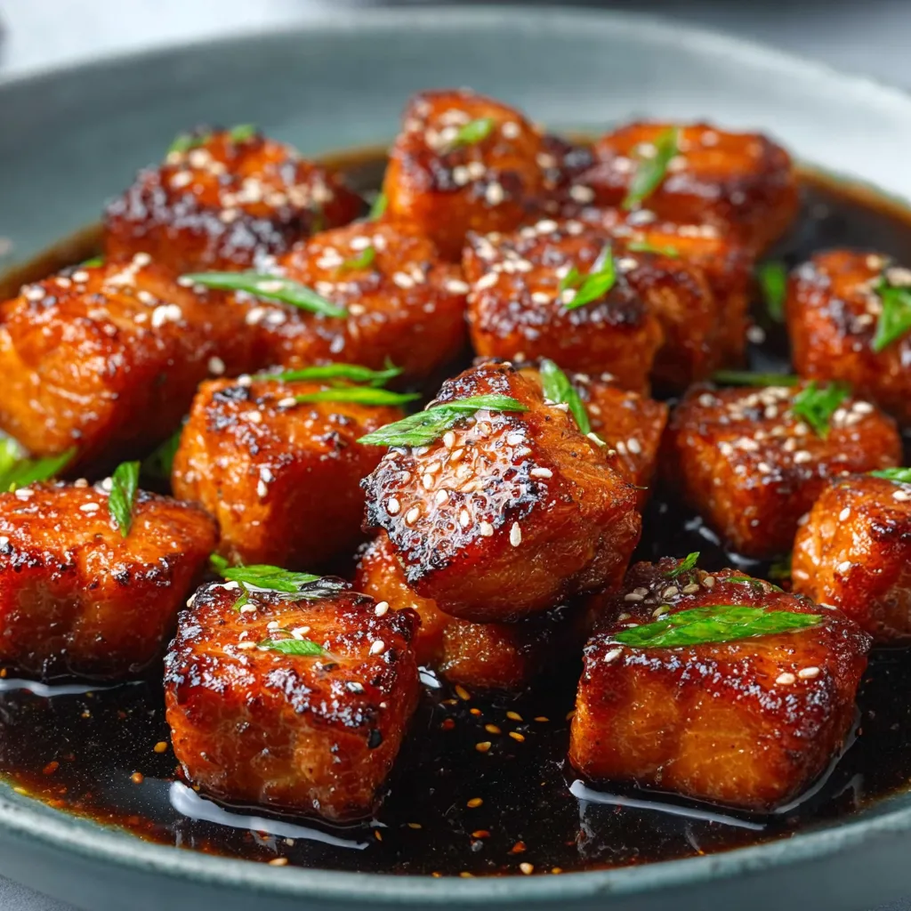Close-up of glistening Honey Garlic Salmon Bites, showcasing the glaze and flaky texture of the fish.
