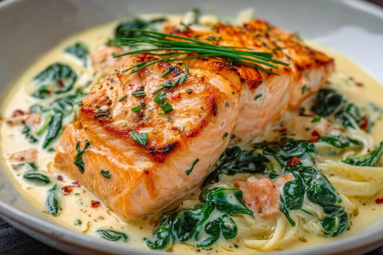 Close-up view of a delicious plate of Salmon Florentine, showcasing the creamy spinach and flaky salmon.