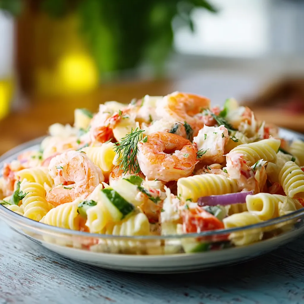 Close-up shot of a vibrant Seafood Pasta Salad featuring shrimp, mussels, and colorful vegetables.