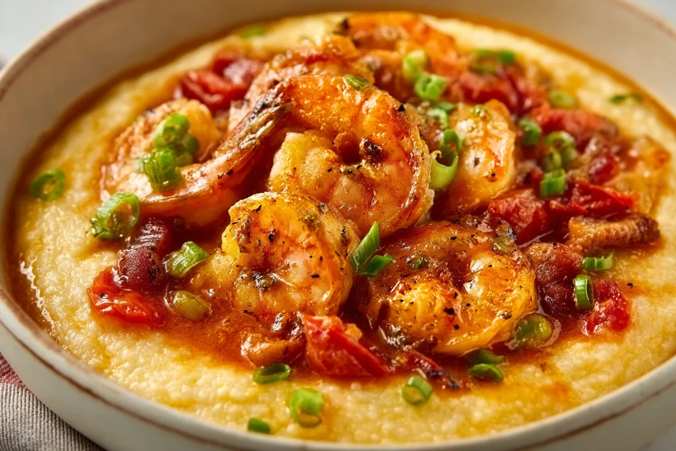 A close-up shot showcases a delicious plate of creamy Shrimp and Grits, highlighting the texture and vibrant colors of the dish.