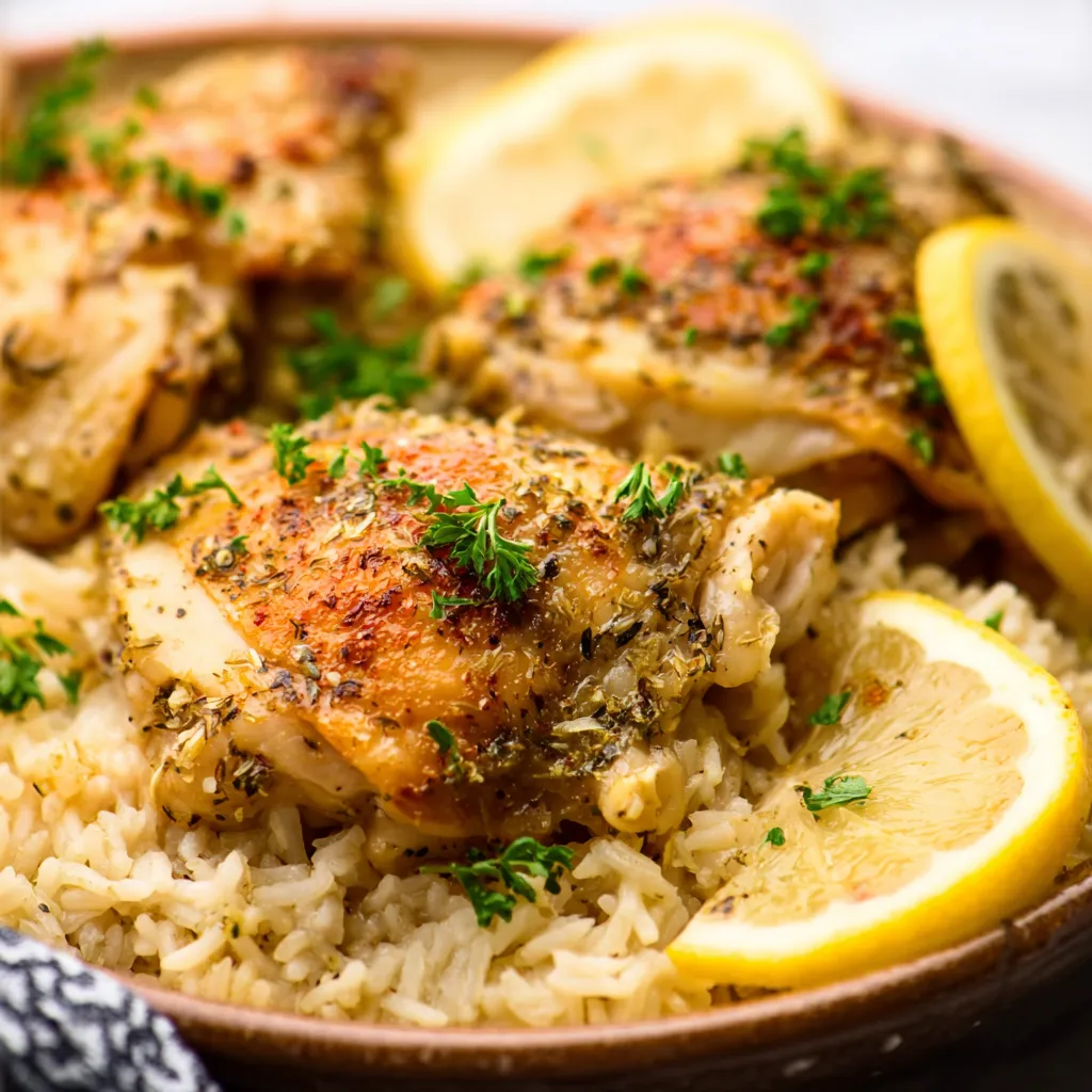 Close-up of freshly cooked Slow Cooker Lemon Herb Chicken And Rice, showcasing the moist chicken and fluffy rice.