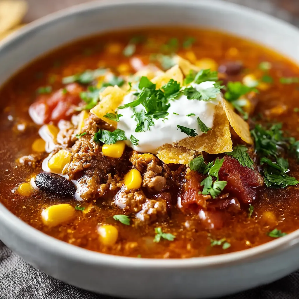 A close-up of delicious Taco Soup, showcasing its rich broth and colorful toppings.
