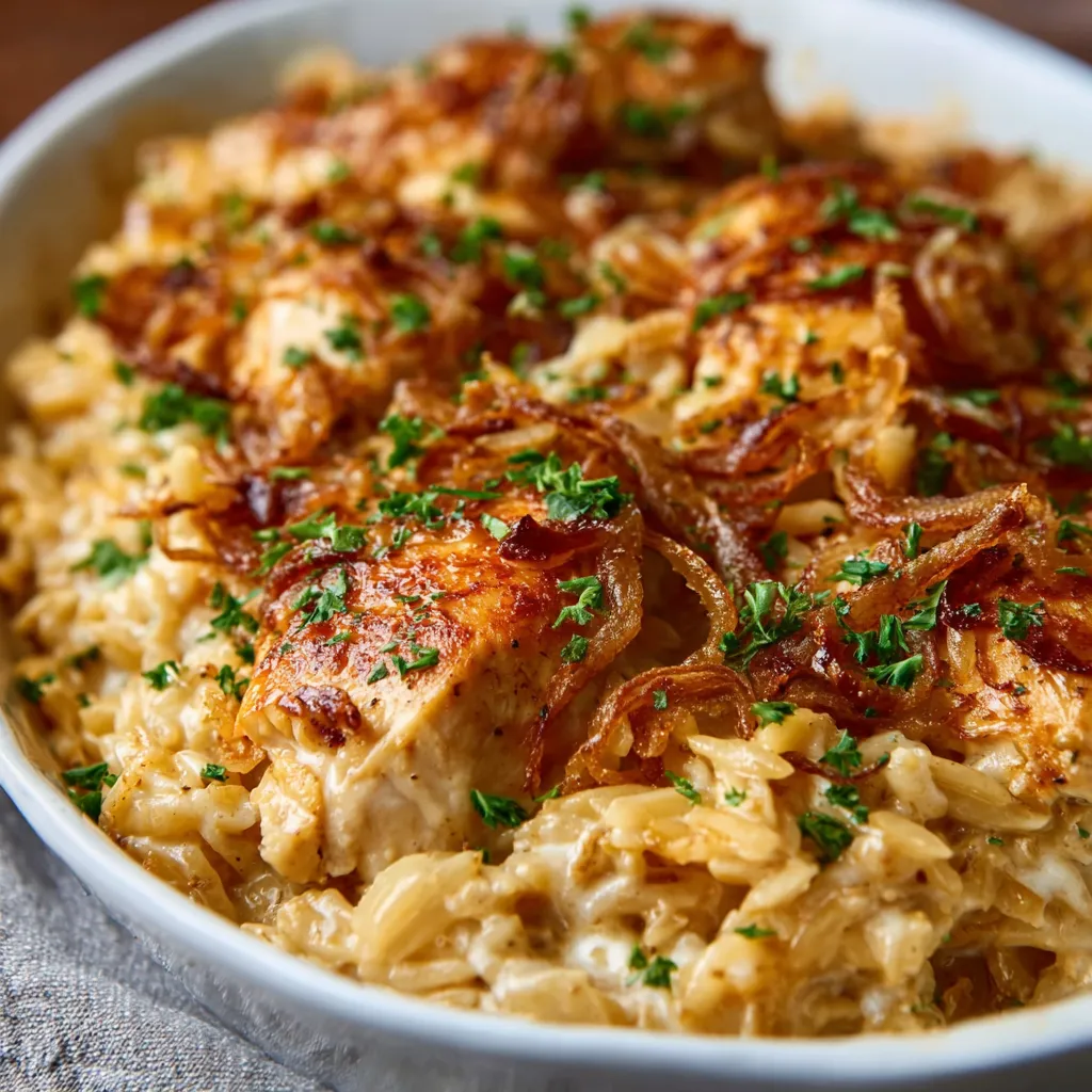 Close-up view of a freshly baked French Onion Chicken Orzo Casserole, showcasing its golden-brown crust and bubbling cheese.