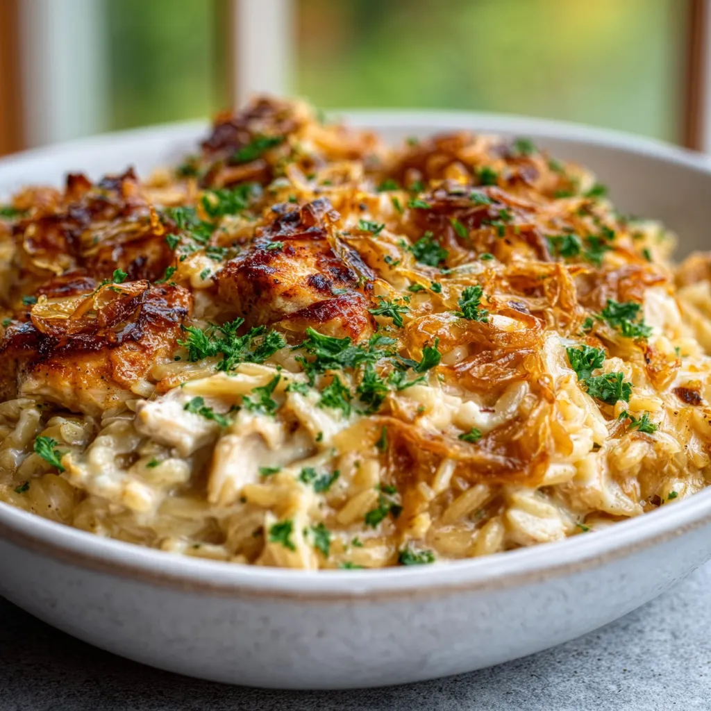 Creamy French Onion Chicken Orzo Casserole, ready to bake in a baking dish.