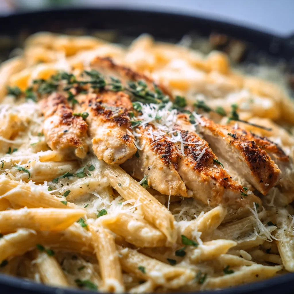 Creamy Garlic Parmesan Chicken Pasta with parsley garnish, ready to eat.