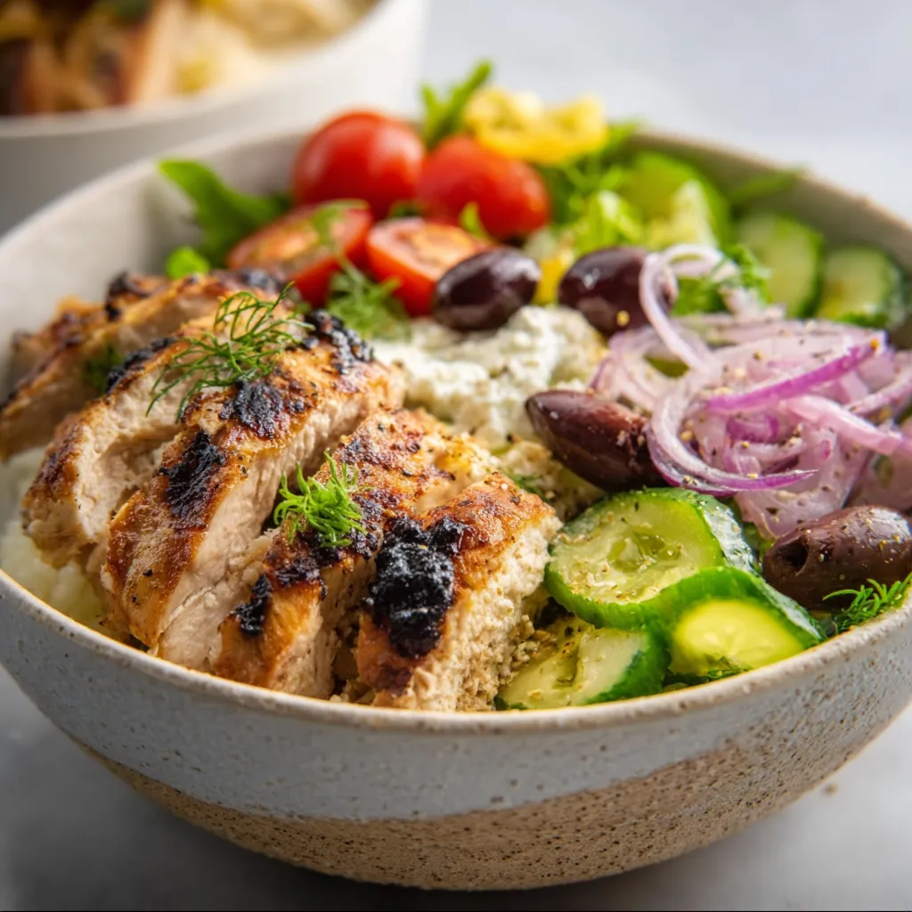 Delicious Greek Chicken Bowls with grilled chicken, feta, olives, and a creamy tzatziki sauce.