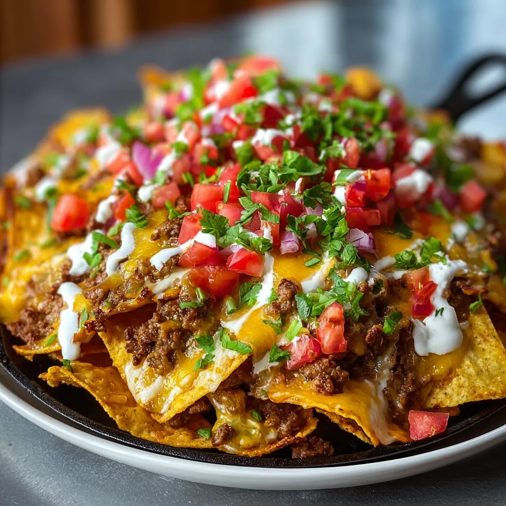 Close-up shot of delicious Griddle Nachos With Beef, showcasing the melted cheese, seasoned beef, and colorful toppings.