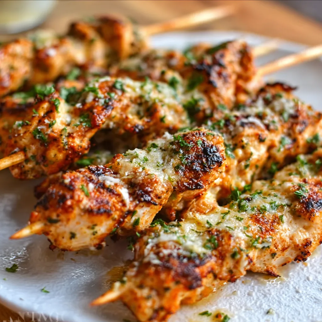 Close-up image showing perfectly cooked Grilled Ranch Garlic Parmesan Chicken Skewers, ready to eat.
